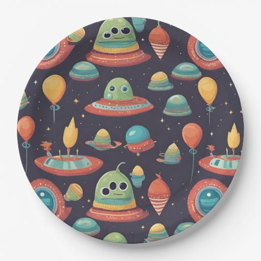 Kinder buitenaardse verjaardagsfeestje servetten papieren bordje (Voorkant)