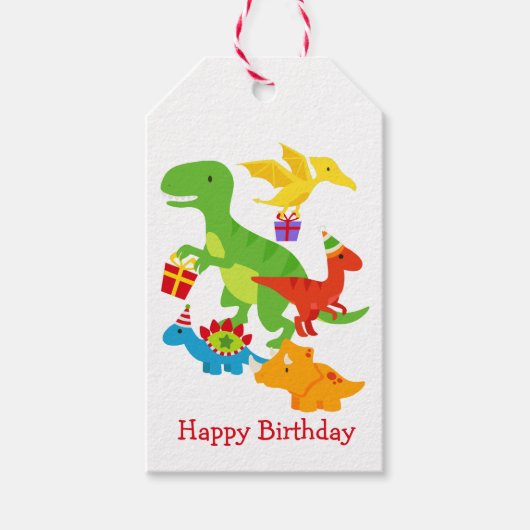 Kinder Cartoon Dinosauriërs Happy Birthday Cadeaulabel (Voorkant)