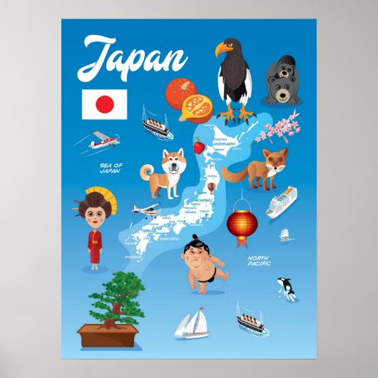 Kinder Cartoon Kaart van Japan Poster (Voorkant)