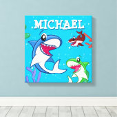 Kinder Cartoon van haaien Onderwater Blauwe Zee Canvas Afdruk (Insitu (Houten vloer))