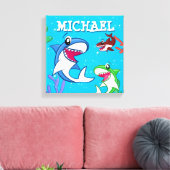Kinder Cartoon van haaien Onderwater Blauwe Zee Canvas Afdruk (Insitu (Woonkamer))