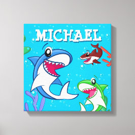 Kinder Cartoon van haaien Onderwater Blauwe Zee Canvas Afdruk