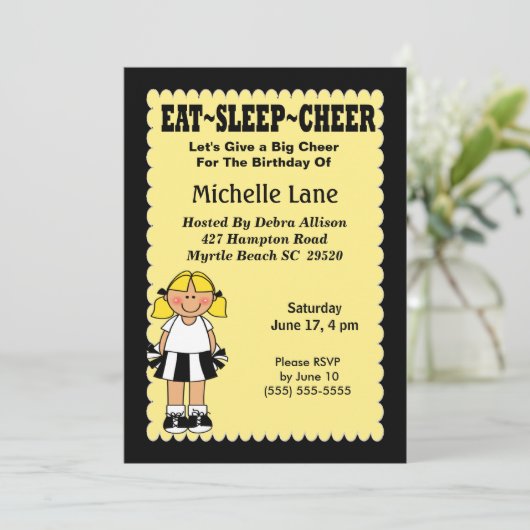 Kinder Cheerleader Verjaardagsuitnodiging Kaart (Staand voorkant)