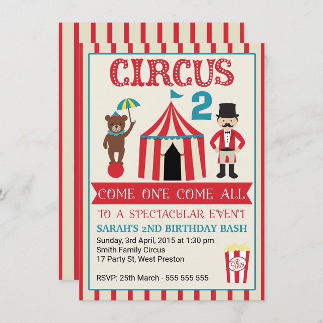 Kinder Circus Birthday Party Invitation Kaart (Voorkant / Achterkant)