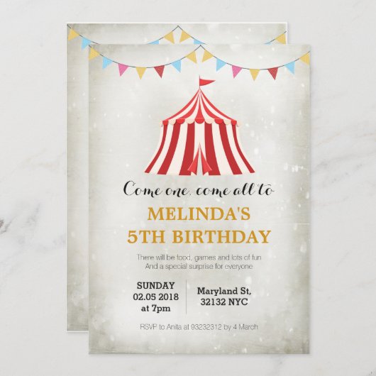 Kinder circus carnaval Birthday - uitnodiging (Voorkant / Achterkant)