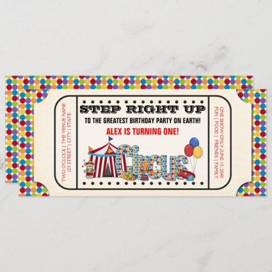 Kinder Circus Ticket Verjaardagsfeest Kaart (Voorkant / Achterkant)