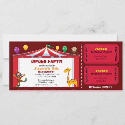 Kinder Circus Ticket Verjaardagsuitnodigingen Kaart (Voorkant)