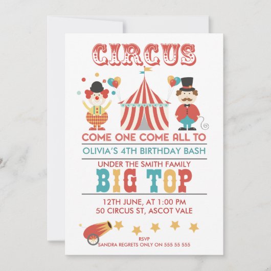 Kinder Circus Verjaardagsfeest Uitnodiging (Voorkant)