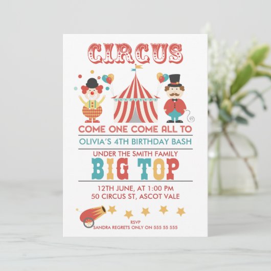 Kinder Circus Verjaardagsfeest Uitnodiging (Staand voorkant)
