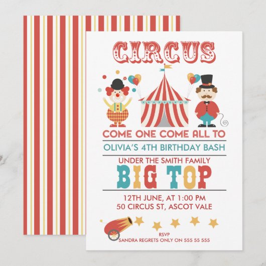 Kinder Circus Verjaardagsfeest Uitnodiging (Voorkant / Achterkant)