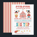 Kinder Circus Verjaardagsfeest Uitnodiging<br><div class="desc">Deze uitnodiging voor een kindercircusverjaardagsfeestje is voorzien van een ringmaster, clown, circustent en een kanon en sterren aan de basis van de uitnodiging. De achterkant van de uitnodiging heeft een wit, rood en geel gestreept patroon. Ik wilde meer circusverjaardagsuitnodigingen voor de winkel creëer omdat ze behoorlijk populair zijn geweest. Deze...</div>