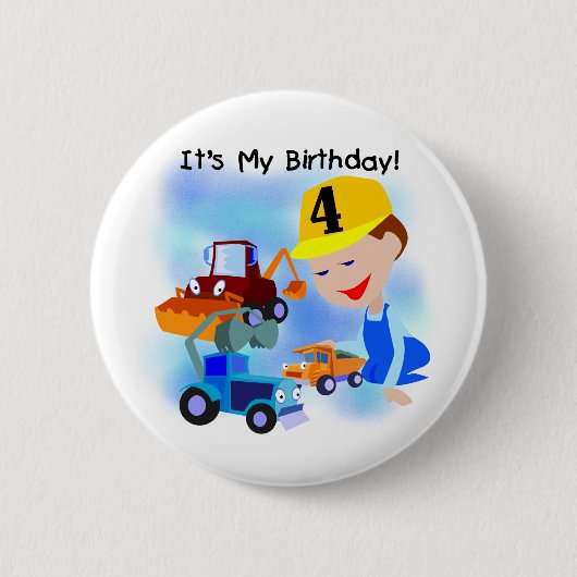 Kinder constructie 4e verjaardag T-shirts en gesch Ronde Button 5,7 Cm (Voorkant)