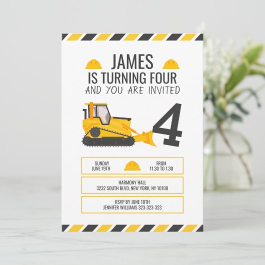 Kinder constructie bulldozer verjaardagsfeestje kaart (Staand voorkant)