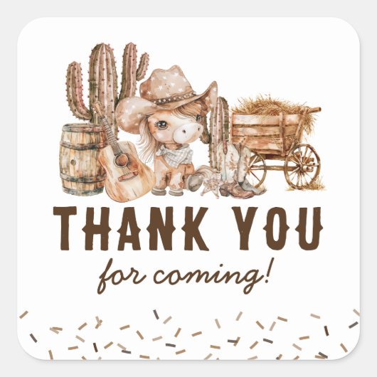 Kinder cowboy verjaardagsgunst vierkante sticker (Voorkant)