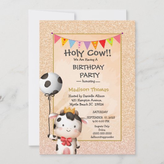 Kinder Cute Koe Girls Glitter Birthday Party Uitno Kaart (Voorkant)