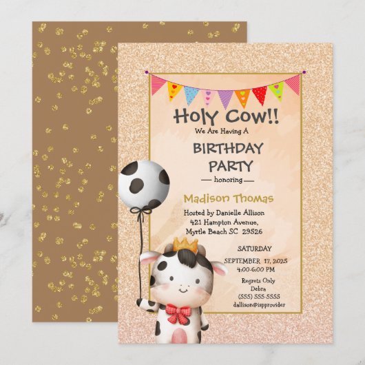 Kinder Cute Koe Girls Glitter Birthday Party Uitno Kaart (Voorkant / Achterkant)