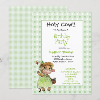 Kinder Cute Koe Girls Green White Birthday Party Kaart
