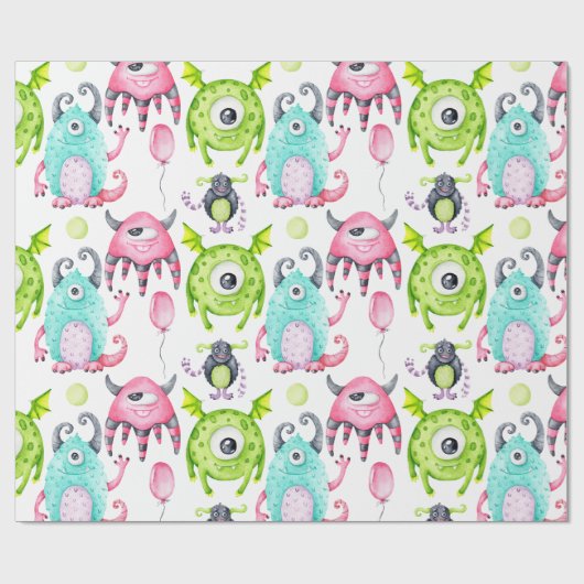 Kinder Cute Monster Birthday Cadeaupapier (Vlak)