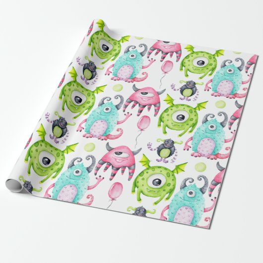 Kinder Cute Monster Birthday Cadeaupapier (Uitgerold)