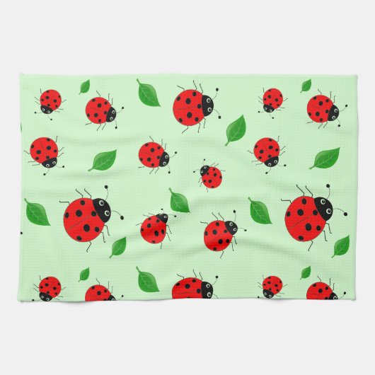 Kinder Cute Red ladybug en groen verlof op verloop Theedoek (Horizontaal)