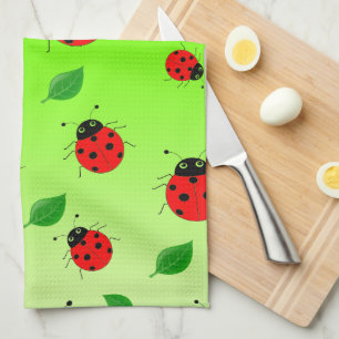 Kinder Cute Red ladybug en groen verlof op verloop Theedoek