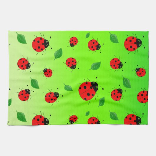 Kinder Cute Red ladybug en groen verlof op verloop Theedoek (Horizontaal)
