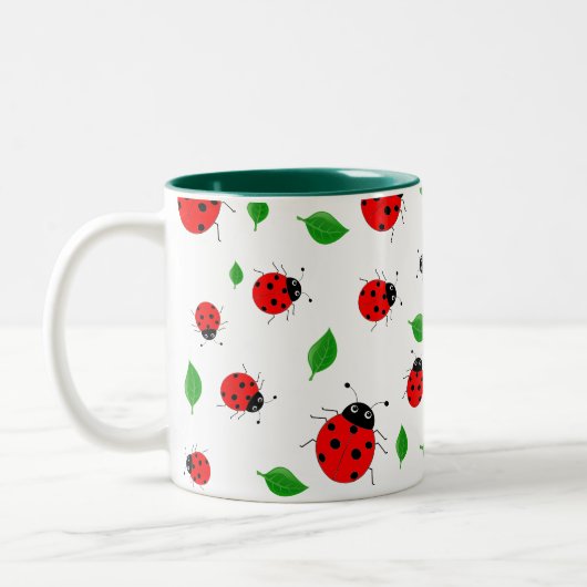 Kinder Cute Red ladybug en groen verlof op verloop Tweekleurige Koffiemok (Links)