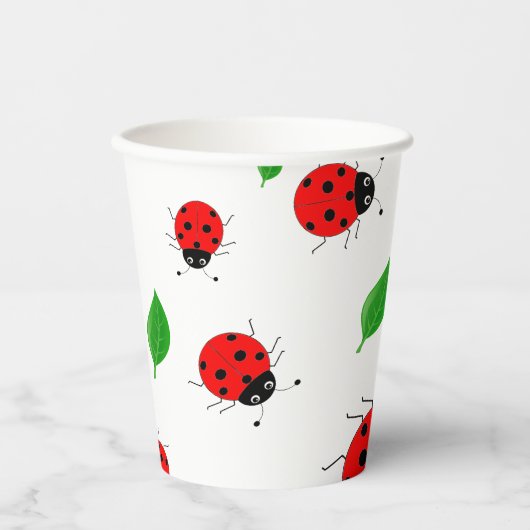 Kinder Cute Red ladybug en groen verlofpatroon Papieren Bekers (Voorkant)