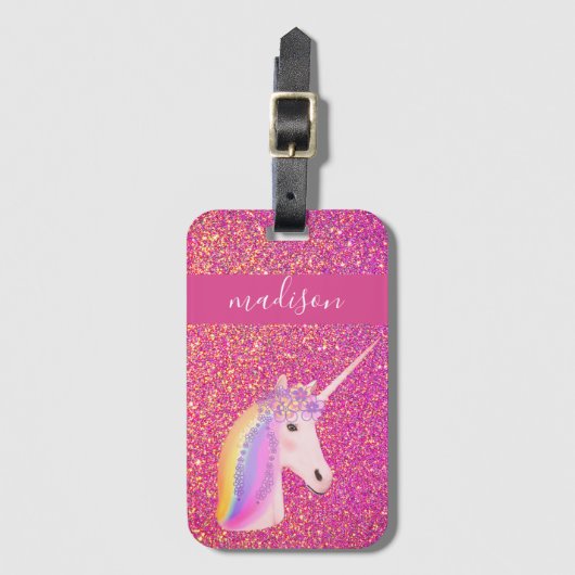 Kinder Cute Unicorn Pink Gold Glitter Speciaal Bagagelabel (Voorkant (verticaal))