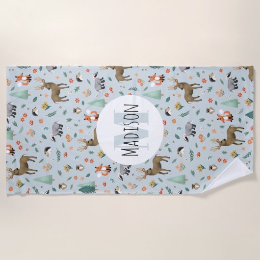 Kinder Cute Woodland Forest Animals Kinder Monogra Strandlaken (Voorkant)