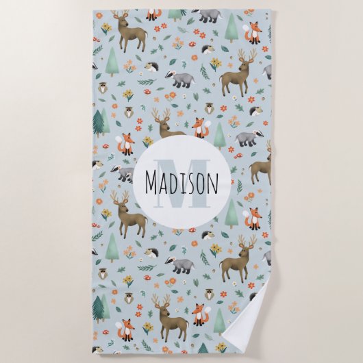Kinder Cute Woodland Forest Animals Kinder Monogra Strandlaken (Voorkant)