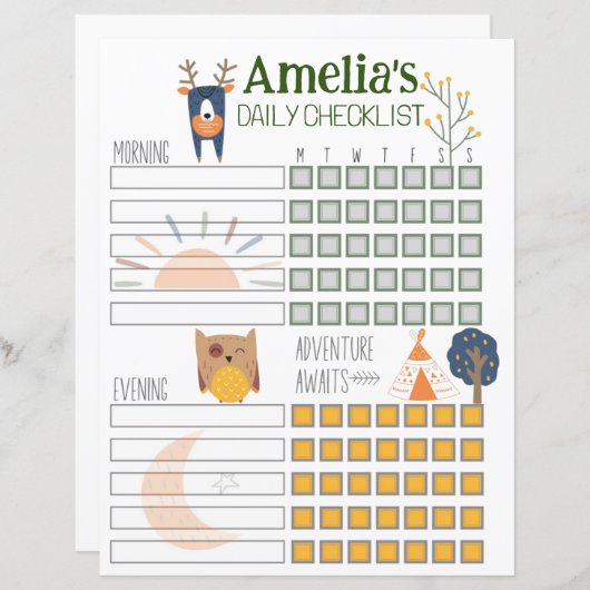 Kinder dagelijkse checklist, dagelijkse rouinesche (Voorkant / Achterkant)