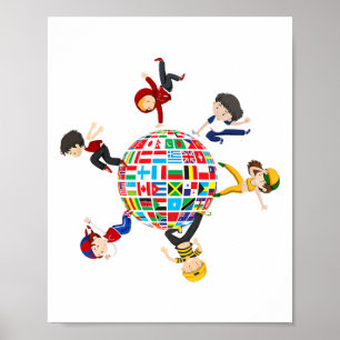 Kinder dansen rond de Wereldbollen vlaggen van de Poster