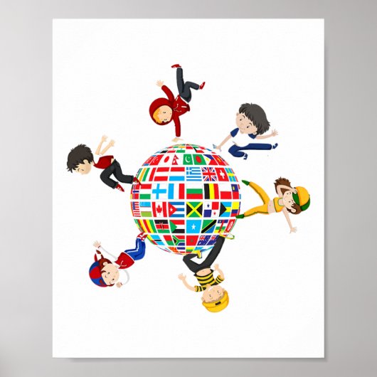 Kinder dansen rond de Wereldbollen vlaggen van de Poster (Voorkant)