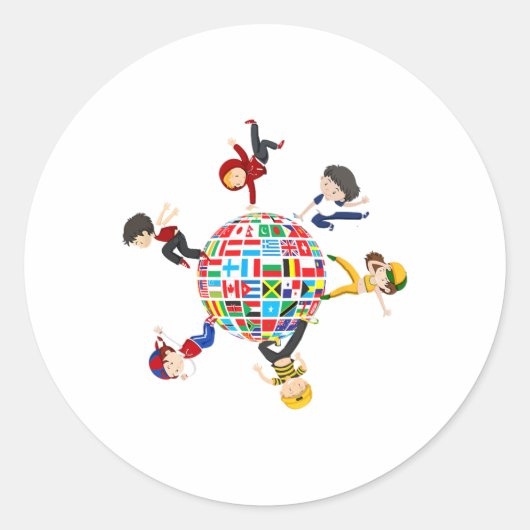 Kinder dansen rond de Wereldbollen vlaggen van de Ronde Sticker (Voorkant)