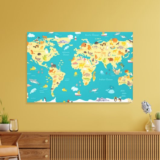 Kinder dierenkaart van de wereld canvas afdruk (Insitu (Woonkamer))