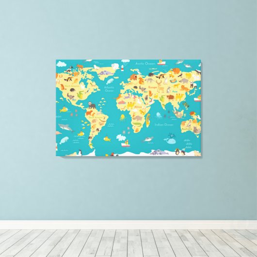 Kinder dierenkaart van de wereld canvas afdruk (Insitu (Houten vloer))
