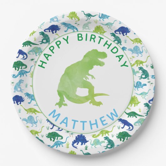 Kinder Dinosaur Birthday Party Pattern Green Dino Papieren Bordje (Voorkant)