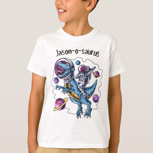 Kinder Dinosaur T-Rex Astronaut Voeg naam T-Shirt (Voorkant)