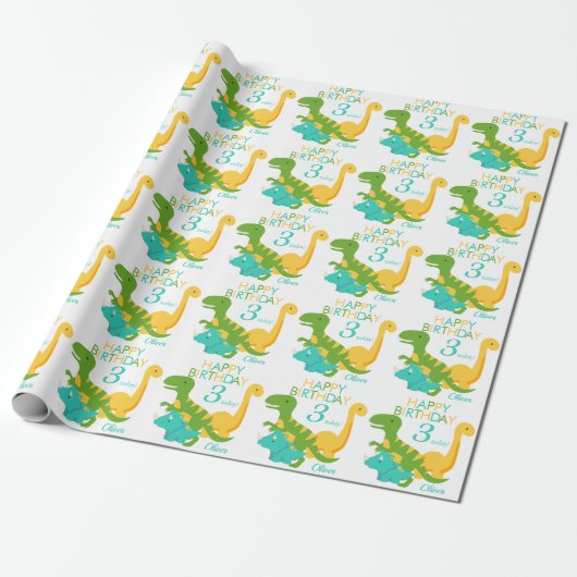 Kinder dinosaurus 3e verjaardag cadeaupapier (Uitgerold)