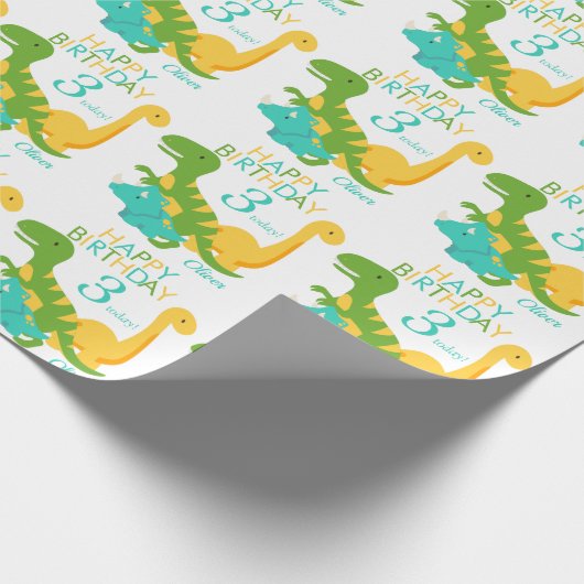 Kinder dinosaurus 3e verjaardag cadeaupapier (Hoek)