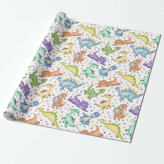 Kinder Dinosaurus Dier Wit Kleur Verjaardagscadeau Cadeaupapier (Uitgerold)