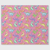 Kinder dinosaurus dierenroze kleur verjaardagscade cadeaupapier (Vlak)