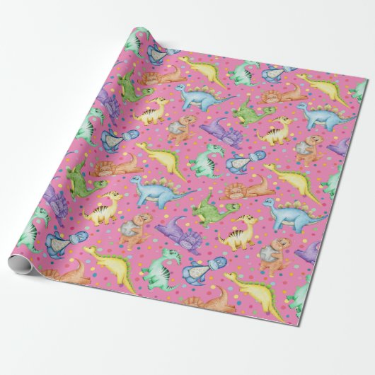 Kinder dinosaurus dierenroze kleur verjaardagscade cadeaupapier (Uitgerold)