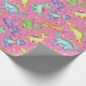 Kinder dinosaurus dierenroze kleur verjaardagscade cadeaupapier (Hoek)
