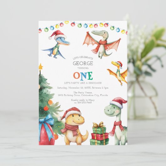 Kinder dinosaurus eerste verjaardagsfeestje kaart (Staand voorkant)