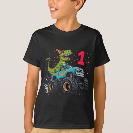 Kinder dinosaurus monstertruck 1e verjaardagsfeest t-shirt (Voorkant)