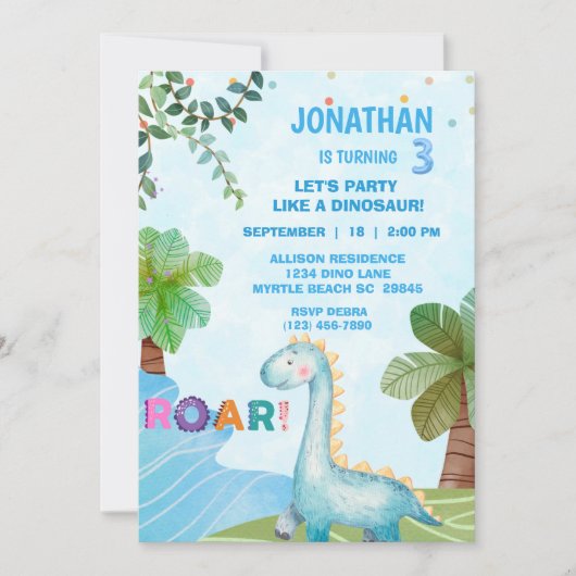 Kinder Dinosaurus T Rex Verjaardagsfeestje Kaart (Voorkant)