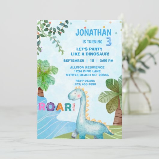 Kinder Dinosaurus T Rex Verjaardagsfeestje Kaart (Staand voorkant)