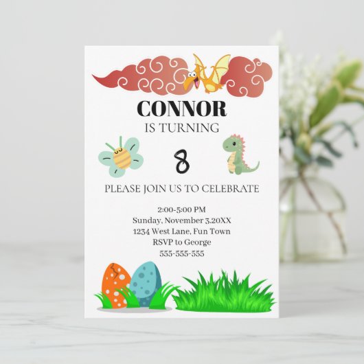 Kinder Dinosaurus Thema Verjaardag Kaart (Staand voorkant)